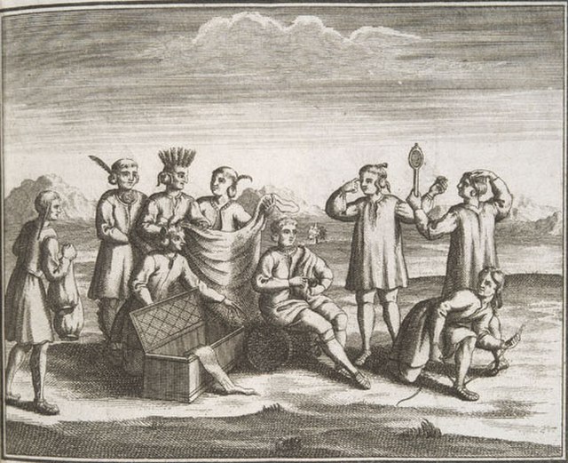 18-century woodcut showing Native Americans with European trade goods that they received in exchange for furs.