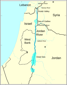 Satellite map and diagram showing the Jordan valley on either side of the Jordan River