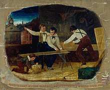 Banner from the 1835 Philadelphia general strike promoting the ten-hour workday. In the lower right-hand corner is written the slogan 6 to 6. Also the worker points to the clock which shows six indicating it is time to stop working. Journeyman House Carpenters' Association of Philadelphia Promoting ten-hour day 1835.jpg