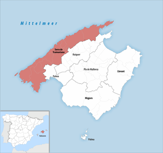 Die Lage der Comarca Serra de Tramuntana auf der Insel Mallorca