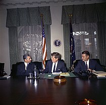 Iran's Shah Mohammad Reza Pahlavi, Kennedy, and U.S. Defense Secretary Robert McNamara in the White House Cabinet Room on April 13, 1962 Kennedy with Shah of Iran, 1961.jpg