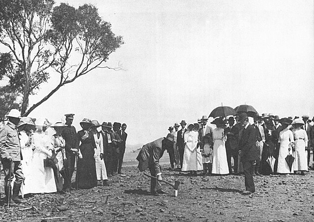 February 20, 1913: O'Malley drives the first stake for the new city of Canberra