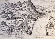 Belagerung von Königswinter durch Pfalzgraf Johann Kasimir 1583; Kupferstich einer Flugschrift des Truchsessischen Krieges