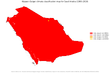 Saudi Arabia's Koppen climate classification map is based on native vegetation, temperature, precipitation and their seasonality.
.mw-parser-output .legend{page-break-inside:avoid;break-inside:avoid-column}.mw-parser-output .legend-color{display:inline-block;min-width:1.25em;height:1.25em;line-height:1.25;margin:1px 0;text-align:center;border:1px solid black;background-color:transparent;color:black}.mw-parser-output .legend-text{}
BWh Hot desert
BWk Cold desert
BSh Hot semi-arid
BSk Cold semi-arid Koppen-Geiger Map SAU present.svg