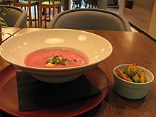 Cold borscht served with fried potatoes. Latvian cold borscht.jpg