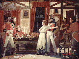 Loyalist Laura Secord warns British of an impending American attack at Beaver Dams Laura Secord warns Fitzgibbons, 1813.jpg