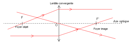 Diagramma ottico di una lente con il suo asse ottico mostrato in linee tratteggiate