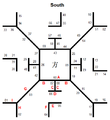 『博局占』の図。A=方 B=廉 C=掲 D=道 E=張 F=曲 G=詘 H=長 I=高