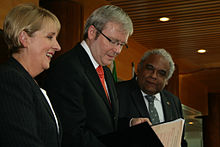 Macklin with Prime Minister Kevin Rudd and Tom Calma at the apology for the stolen generations in 2008 MacklinRudd.jpg