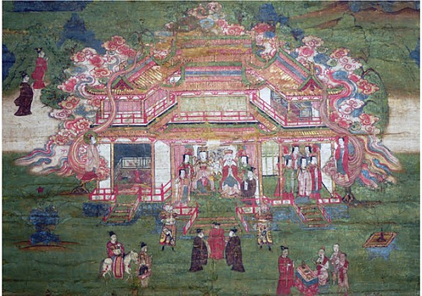 Mani's Parents, a 14th/15th-century silk painting depicts Mani's parents sitting in a palatial building.