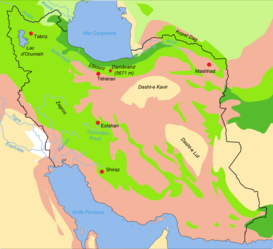 Localización en un mapa de biotopos de Irán      Estepa boscosa      Bosques      Semidesierto      Tierras bajas desérticas      Estepa      Pantanos aluviales salados