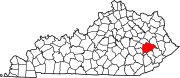 Harta statului Kentucky indicând comitatul Breathitt
