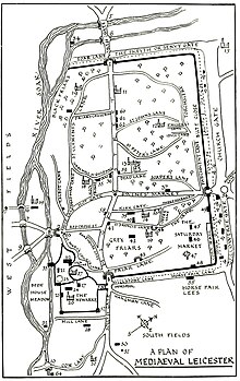 Map of Medieval Leicester, St. Clement's Church & the Blackfriars Priory is marked number (19), both a parish church and a mendicant house. The two other mendicant (friars) houses are: (16) St Mary Magdalene Friary, Greyfriars, and (29) St. Katherine's Priory, Austin Friars. The six other ancient parish church's depicted here are: (12) St Michael's, (13) St Peter's, (14) St Martin's, (15) St Margaret's (17) St Mary de Castro, and (18) St Nicholas Mediaeval Leicester Billson 1920 f0018.jpg