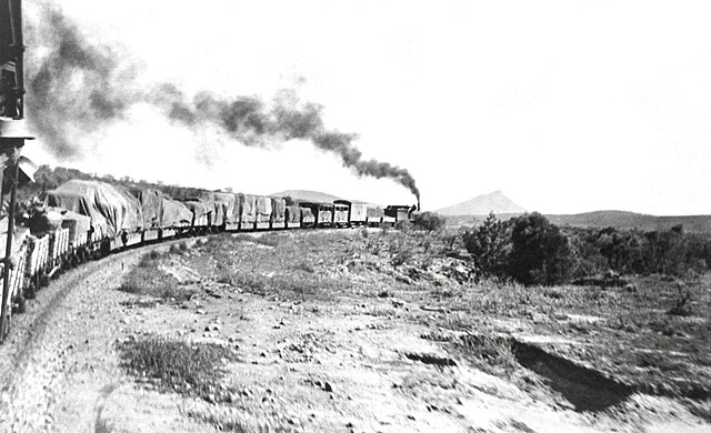 A Central Australia Railway goods train approaching Pichi Richi Pass about 1910, near where the Pichi Richi Railway now operates