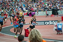 Farah during his gold medal victory in the men's 3,000 metres event at the 2013 London Grand Prix. Mofarahannivgames4.jpg