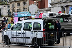 A BBC Radio Humberside outside broadcast van in Queen Victoria Square during the final stage of BBC Radio 1's Mollie King’s Pedal Power for Red Nose Day charity cycle event.