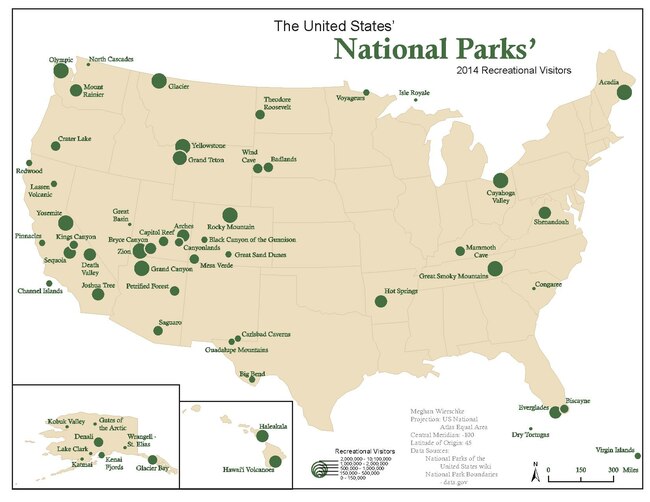 Location map of National Parks of the United States.