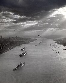 Ships anchored on the Hudson River north above New York City for the 1945 Navy Day at the victorious end of World War II. Navy Day 1945 ships Hudson River NY.jpg