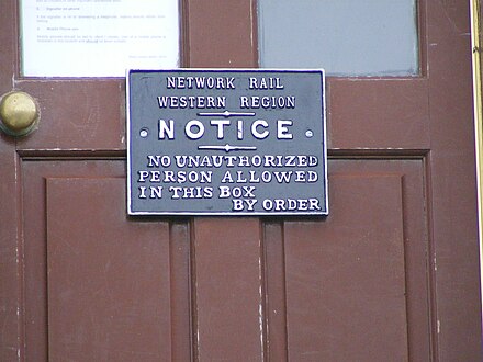 Sign showing the Network Rail name on the signal box at Ledbury.