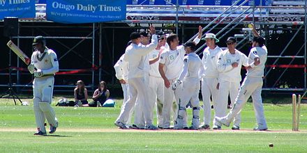 The New Zealand team celebrating a dismissal in 2009