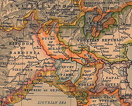 Noord-Italië in 1796; Lucca midden onderaan.