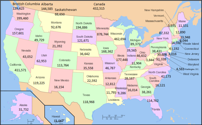 Maps with the numbers of Norwegians in the U.S. states.