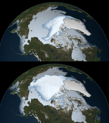 Arctic sea ice coverage in 1980 (bottom) and 2012 (top), as observed by passive microwave sensors on NASA's Nimbus-7 satellite and by the Special Sensor Microwave Imager/Sounder (SSMIS) from the Defense Meteorological Satellite Program (DMSP). Multi-year ice is shown in bright white, while average sea ice cover is shown in light blue to milky white. The data shows the ice cover for the period of 1 November through 31 January in their respective years. Oldest Arctic Sea Ice is Disappearing.png