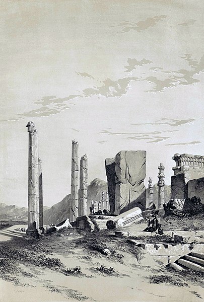 The ancient Persian city of Persepolis through which Odoric passed. The columns are nearly 25 meters (84 feet) tall. Drawing by Eugène Flandin in 1840