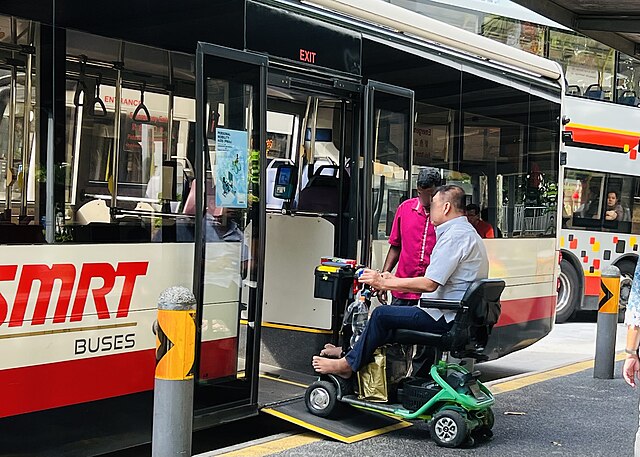 A low-floor bus can provide accessibility for wheelchair users and those on personal mobility devices, often through the use of a wheelchair ramp.