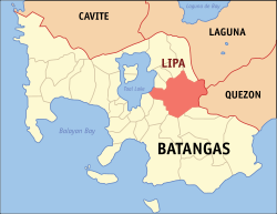 Map of Batangas with Lipa highlighted