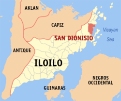 Mapa ng Iloilo na nagpapakita sa lokasyon ng San Dionisio.