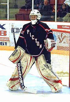 Pirates' goalie lining up for a face-off during 2013 Schmalz Cup finals. Picton goalie 2013 Schmalz Cup.JPG