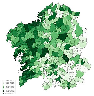 Mapa dos concellos de Galicia coa poboación de 2021