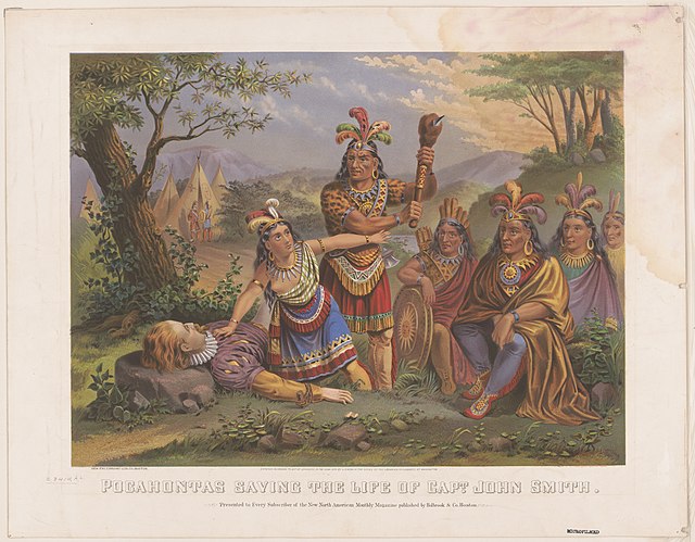 Pocahontas saves the life of John Smith in this chromolithograph, credited to the New England Chromo. Lith. Company around 1870. The scene is idealize