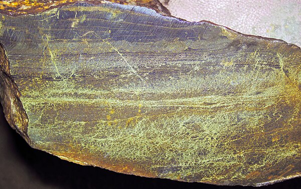 Copper-zinc ore sample from a VMS deposit at Potter Mine in Timmins, Ontario, Canada. The brassy-yellow mineral is chalcopyrite- the primary ore miner