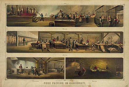 Domuz eti paketleme süreci, 1873 Viyana Dünya Fuarı'nda Cincinnati Pork Packers' Association tarafından sergilenen çizim (Üreten: Ehrgott & Krebs)
