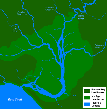 The course of the lower Yarra River around 10,000 years ago, after the end of the last ice age, prior to the creation of Port Phillip Bay.