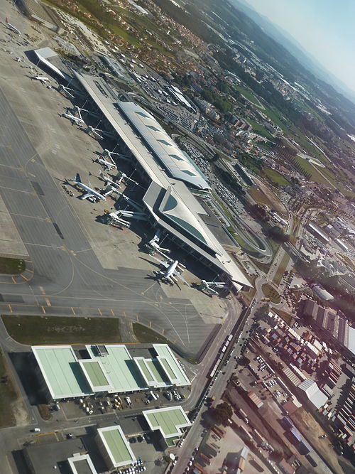 Aerial view of the airport terminal.