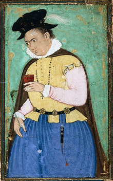 Depiction of a Portuguese gentleman in the Moghul Empire Portrait of a Portuguese gentleman drinking wine (c. 1600) - Indian, Mughal period.png