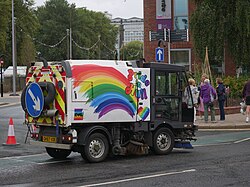 A rear view of Hull City Council's Pride-liveried street cleaner, showing detailed elements of the livery.