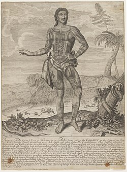 Giolo (Jeoly) of Miangas, who became a slave in Mindanao, and bought by William Dampier together with Jeoly's mother, who died at sea. Jeoly was exhibited in London in 1691 to large crowds as a sideshow, until he died of smallpox three months later. Prince Giolo, Son to the King of Moangis a1528388.jpg