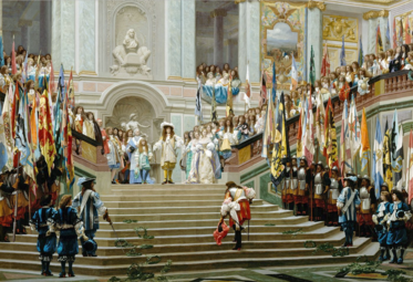 Réception du Grand Condé à Versailles, Jean-Léon Gérôme, 1878, mostrando el demolido Escalier des Ambassadeurs