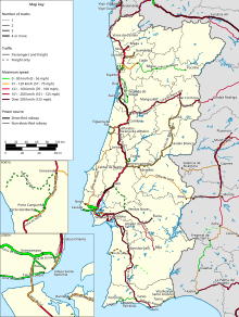 Map of the railway lines of Portugal. Rail transport infrastructure map - Portugal.svg