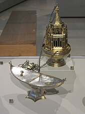 The Ramsey Abbey censer and incense boat in the V&A Museum; they were found when the mere was drained Ramsey Censer and Incense Boat.JPG