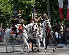 A mounted French colour guard Republican Guard Bastille Day 2013 Paris t113201.jpg