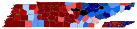 Results of the June 8, 1861, referendum by county. Redder counties voted more for secession, and bluer counties voted more against secession. Counties in black have no data.