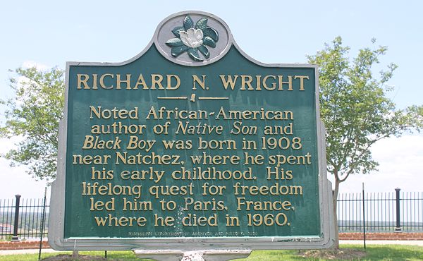 A historic marker in Natchez, Mississippi, commemorating Richard Wright, who was born near the city