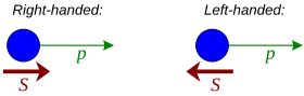 Left- and right-handed particles: p is the particle's momentum and S is its spin. Note the lack of reflective symmetry between the states. Right left helicity.svg