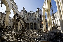 Remnants of the Cathedral of Our Lady of the Assumption after its collapse during the 2010 Haiti earthquake. In 2020, the building is still in ruins. Rubbles of the cathedral after the earthquake that hit the Capital Port au Prince just before 5 pm on 12 January 2010.jpg