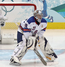Goaltender Ryan Miller would be named most valuable player (MVP) at the 2010 Winter Olympics. RyanMiller2010WinterOlympics - cropped-2.png